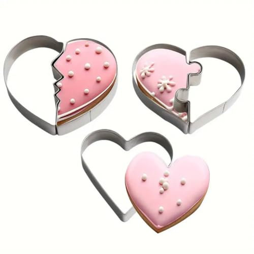 Juego de moldes galletas con forma de corazon de acero inoxidable, molde galletas de 3 piezas para hornear, cortador galletas corazon con forma partida, puzzle y corazon completo