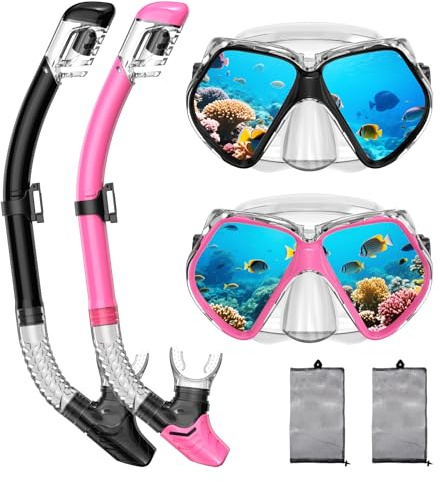 Snorkelutrustning för vuxna, torrt snorkel, maskset för vuxna, dyk- och snorklingsmask, dykningsutrustning, simglasögon med nässkydd, simfridykning med tempererat glas och panoramautsikt, resepaket