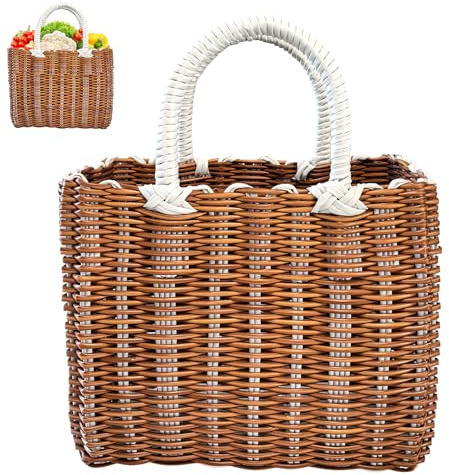 Einkaufskorb Geflochten aus Kunststoff, Flechttasche Groß, Korb Geflochten, Korbtasche Sommer, Korb Taschen für Damen, Wasserdicht Strandtasche, Basttaschen, Einkaufstasche Geflochten Tasche (A-XL)
