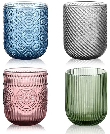 LOITTAINUE Trinkgläser Set Bunt - Gläser Set Bunte 4 Teilig - 250ml Farbig Wassergläser mit Geprägtem Design, Modern Wasserglas Saftgläser für Wasser, Drink, Saft, Party, Garten - Spülmaschinenfest
