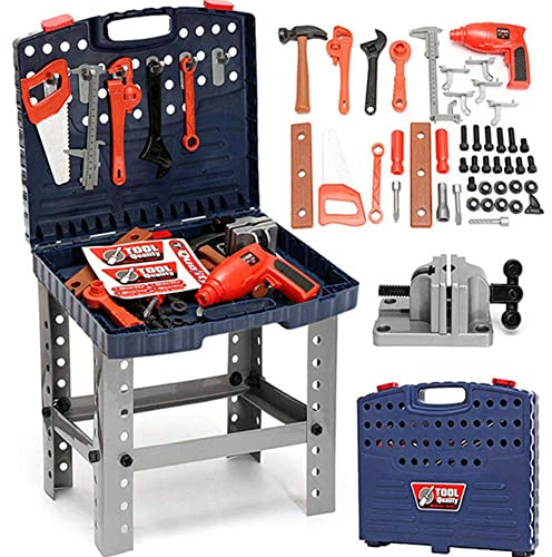 BAKAJI Banco da Lavoro Giocattolo per Bambini Richiudibile in Valigetta con Trapano Avvitatore Funzionante a Batteria 69 Accessori Attrezzi Utensili Gioco Dimensione 40 x 35 x 72 cm