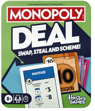Monopoly Deal Card Game in Collectible Storage Tin | Ages 8+ | 2-5 Players | 15 Mins. | Fun Family Games for Children, Teens and Adults | Travel Games - English Version