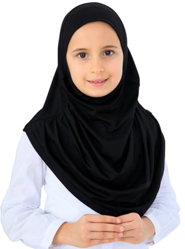 Prien redo att bära hijab för flickor, mjuk viskos muslimsk halsduk för barn, omedelbart islamiska kläder för kvinnor för Ramadan, Eid, Svart, 54 x 50 cm