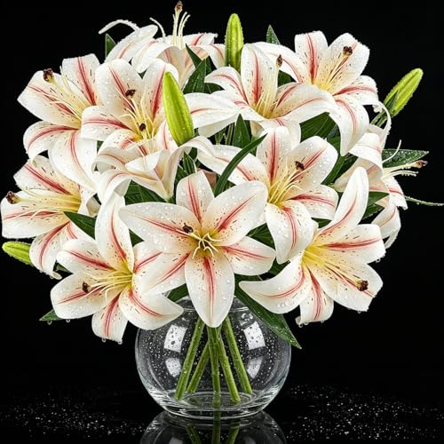 6PCS Artificial Lilies Flowers with Buds, 3D Printing Realistic Fake Lily | 12 Heads and 6 Buds, Short Stem Artificial Lily Flowers. UV-resistant Faux Flowers for Vase, Home, Wedding, Mothering Sunday
