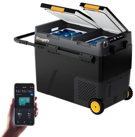 BougeRV CRD2 V2.0 Doppeltür Dualzonen Kompressor Kühlbox 57L, -20℃~20℃ | Kühlbox Auto mit Gefrierfach Rollen & Griff 12V/24V 230V Camping Kühlschrank Elektrische mit APP Steuerung, IPX4 (2026 Neu)