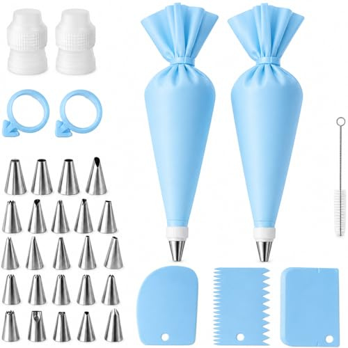 34PCS Piping Bags and Nozzles Set, Cakes Decorating Kit with Reusable 12 Inch Piping Bags Reusable, Stainless Steel Tips, Couplers and Cleaning Brush, Icing Piping Kit for Baking and Desserts