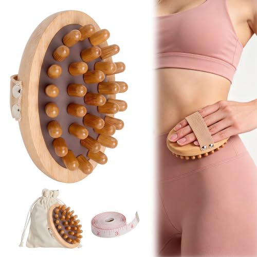 WOKICOR Kopfhaut Massagebürste aus Buchenholz, Runde Kopfmassage Bürste und Antistatische Holzbürste für Alle Haartypen, Entspannende Wellness Massage mit Stoffbeutel und Taillenmaßband