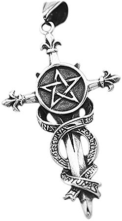 Autiga Anhänger Pentagramm Schwert Kreuz Fortuna Edelstahl Halskette Lederkette Gothic Fleur de Lis Kugelkette Damen Herren Silber-nur-anhänger