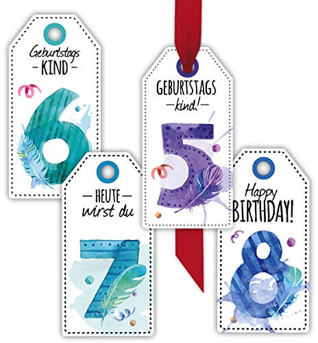 8 fröhliche Kinder-Geburtstag Geschenkanhänger farbig, Papieranhänger, Hängeetiketten, Hangtag-Set zum 5.-8. Geburtstag mit Zahlen • kleine Geschenk Grusskarten zum verschenken