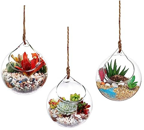 Hängendes Pflanzgefäß aus Glas, Luftfarnhalter, Terrarienbehälter, Luftpflanzen, Sukkulenten, Globusform, Heim-/Gartendekoration, Geschenk für Pflanzenliebhaber, 3 Stück, 11,9 cm