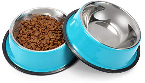 WERFORU 2 Pieces Dog Bowls Stainless Steel Dog Cat Pet Bowls for Feeding Water and Food Blue Large Size