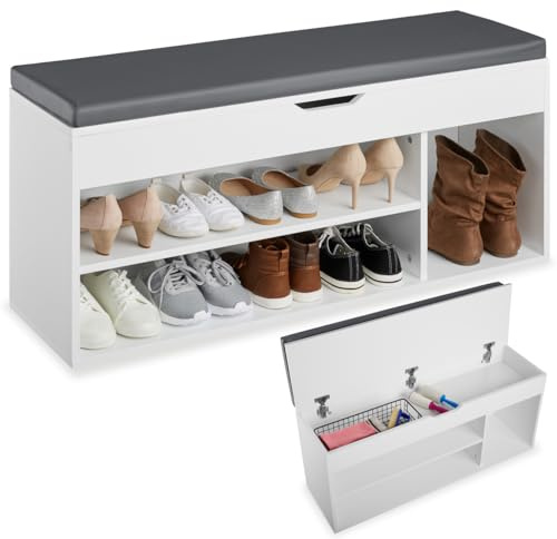 tectake® Banco Zapatero con Gran Espacio de almacenaje, 9 Pares de Zapatos, Acolchado, Estructura Estable, estanteria Zapatero, Mueble Entrada recibidor - Blanco