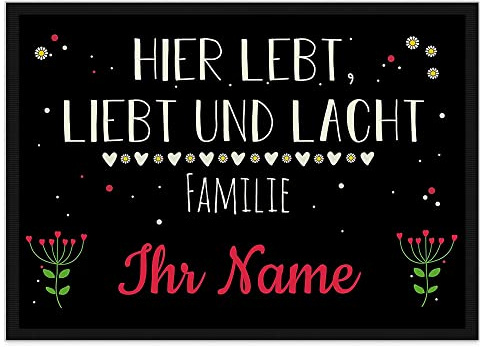 Print Royal Fußmatte mit Spruch - Lebt Liebt Lacht - Familie - Selbst Gestalten mit Wunschnamen - Viele weiße Herzen 60 x 40 cm
