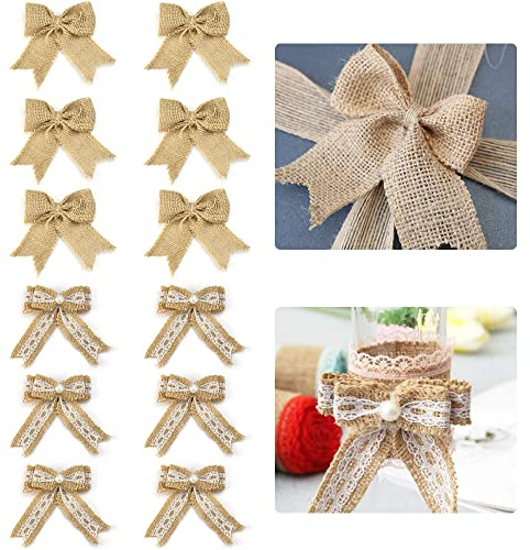 STCRERAG 12 Stück Jute Schleifen Rustikalen Vitnage, Natürliche Dekoration Handgemachte Juteschleifen, Bastelzubehör für Hochzeit, Schleifen zum Einpacken von Geschenken, Weihnachtsbaumschmuck