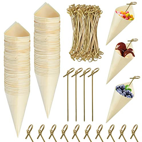 Aemygo 100 Stück Einweg-Holzkegel und 100 Stück Bambusspieße, 9 cm Probierkegel für Fingerfood, Süßigkeiten, Kekse, Eiscreme, Blumen, Hochzeitsfeiern