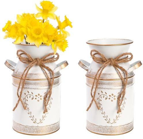 Hacaroa 2 Pack Metal Milk Can Rustic Galvanized Vase, 7.5 Inch/19 cm Shabby Chic Can Jug with Handle, Primitive Decorative Flower Vase Mini Pitcher for Home, Living Room, Kitchen, Farmhouse Decoration