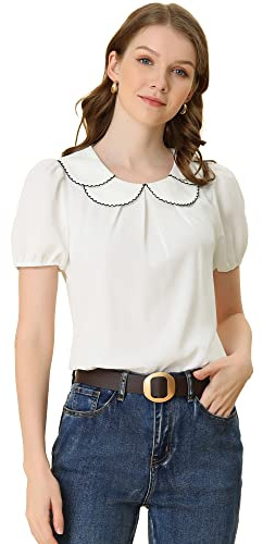 Allegra K Women's Puff Sleeve Summer Peter Pan Collar Blouse Tops White M-12