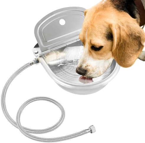 NATGAI Automatic Waterer Bowl with Float Valve and Braided Hose | Stainless Steel Stock Waterer Horse Cattle Goat Sheep Dog Bowl for Livestock Dog Goat Pig(with Drainage Hole)