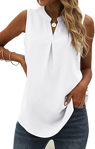 Famulily Women's White Chiffon Summer Vest Going Out Tops Sleeveless Pleated V Neck Flowy Tank Tops (L, White)