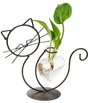 Terrario moderno per piante a forma di gatto in metallo con vaso in vetro a forma di cuore, vaso idroponico, stazione di propagazione delle piante (nero, gatto seduto)