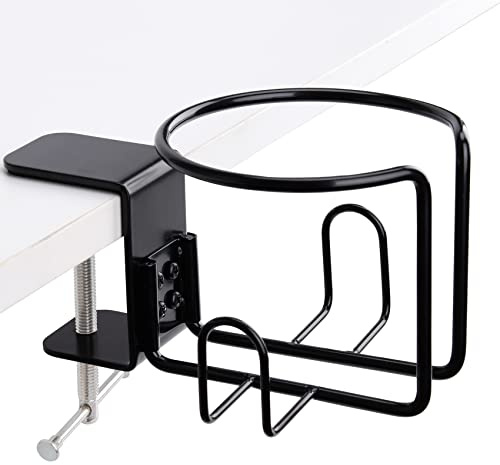 LEKUSHA Large Desk Cup Holder, Clip On Table Anti-Spill Cup Holder for Lawn Chair, Horizontal or Vertical Mount, Pack of 1, Black