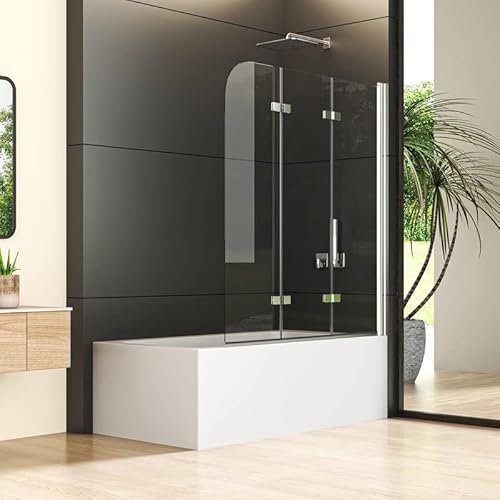 Goezes Duschwand für Badewanne 120x140cm Faltbar 3-teilig, Badewannenaufsatz Duschabtrennung, Silber Duschtrennwand aus 6mm Nano ESG Glas, Chrom Dreifaltigkeitstür Badewannenfaltwand