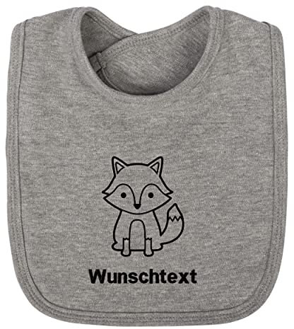 LIQUISIGN Baby Lätzchen mit Name Wunschtext bestickt | Motiv Fuchs | Personalisiertes Lätzchen mit Klettverschluss | Spucktuch aus 100% Baumwolle | Graumeliert