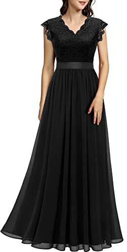 Dressystar Dam aftonklänning lång elegant för bröllop spets chiffong maxi balklänningar vingärmar cocktailkon svart L