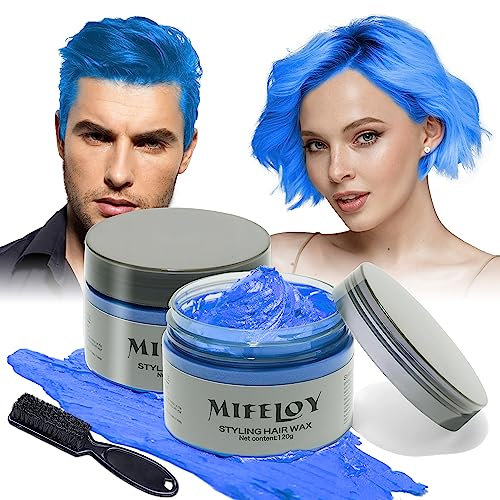 2 Pcs 120g Temporary Blue Hair Color Wax with Dye Brush, Instant Natural Hairstyle Cream, Disposable Coloring Mud for Men Women Youth, Washable Styling Pomades for Party Cosplay Halloween
