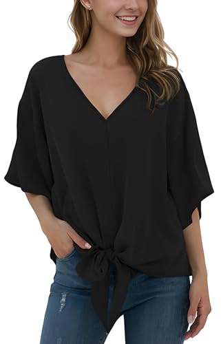 Anelune Ladies'Chiffon Blouses with V-Neck and Front tie Batwing Sleeves Short Sleeves Summer Tops and Shirts Black