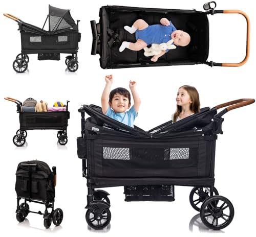 SPWVIP Stroller Wagon for 2 Kids- Lightweight Travel Folding Push Pull Baby Wagon for Newborn&Toddler with 5-Point Harness,Adjustable Canopy,Tray Table,Cup Holder,Storage Pocketsets
