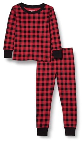 Amazon Essentials Set di Pigiama da Notte Attillati in Cotone Unisex Bambini e Ragazzi, Rosso Ciliegia/Nero A Quadri Grandi Classici, 4 Anni