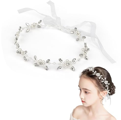 Haarreifen Blumenmädchen Mädchen Haarband,Hochzeit Blumenmädchen Haarschmuck, Kinder Haarschmuck, , Perle Stirnband,Blumen Haarkranz mit Band,eeignet für Braut Damen, Erstkommunion