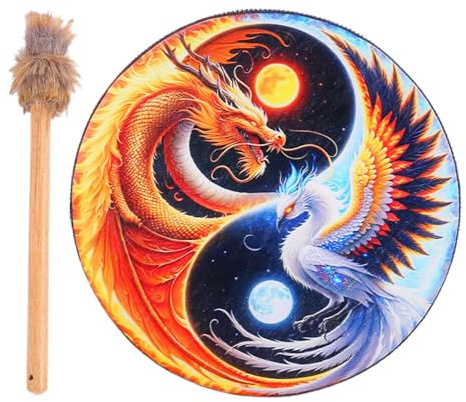 Tamburo sciamanico, Tamburo a mano sciamanico, Tamburo siberiano in pelle PU con bacchetta, Tamburo spirituale Musica, Tamburo di legno vintage per guaritore del suono