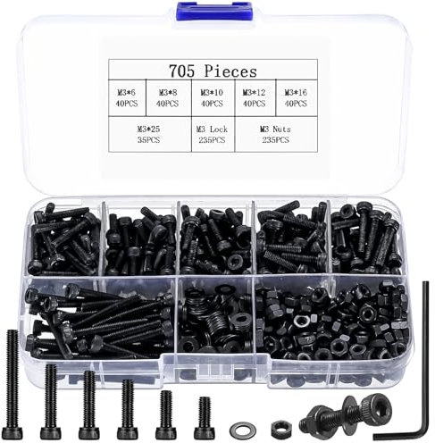 705 Pcs M3 Bolts and Nuts Set, Hex Socket Head Cap Screws and Nuts Set, M3 Black Machine Screws Assortment, Hex Nuts and Bolts Set with Washers Kit for Home Bicycle Repair