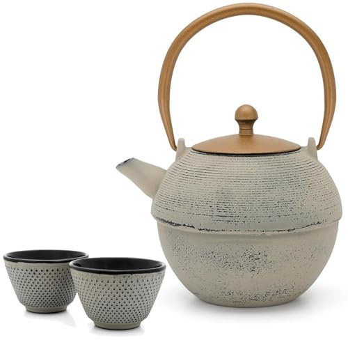Juego de tetera de hierro fundido para inducción, 1,2 litros, grande, gris, asiática y de acero inoxidable, filtro de té para té suelto y taza de té (2 tazas)