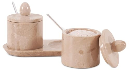 Marmor saltkällare med lock 8 cm Verona handgjord behållare med sked och bricka, dekorativt set med 2 salt- och pepparskålar för köksbänk, kryddor, socker, örter och kryddförvaring