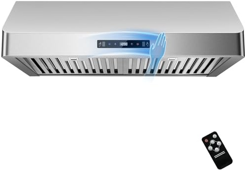 Under Cabinet Range Hood 30 inch, Kitchen Hood 900 CFM Stainless Steel with Gesture & Remote Control, 3-Speed Fan, Time Setting, Dishwasher Safe Baffle Filters, Range Hoods Ductless Convertible Duct