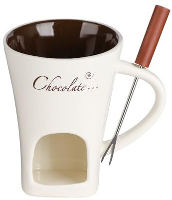 Noaya Chocolate Fondue Mug - Melting Chocolate Pot with Fork, Cheese Warmer Cup, Light Candle Fondue Melter Set for Home, Off White