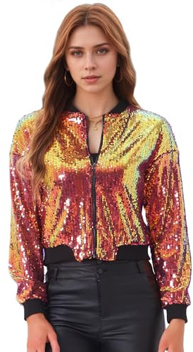 Allegra K Damen Glitzer Jacke Bomberjacke Pailletten Sequin Jacken | Langarm Metallic Bomber Party Club Jacke