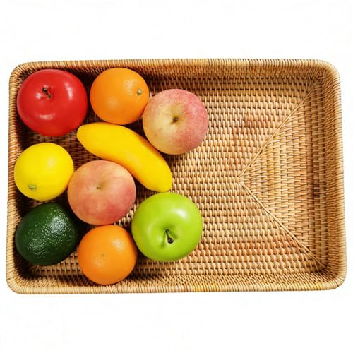 Panier de Rangement pour collations tissé à la Main, Plateau en rotin pour Table de Rangement Plateau de Service Multifonctionnel pour Ranger en-Cas, Pain, café pour Cuisine Dessert (L)