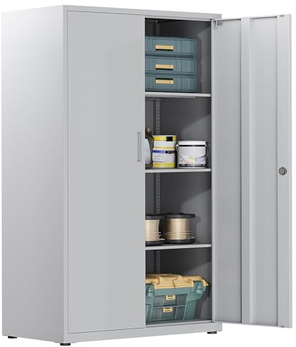 Aktenschrank, abschließbarer Garagenschrank, 4 Ebenen Büroschrank, Werkstattschrank mit verstellbaren Regalen, für Büro, Garage und Hauswirtschaftsraum, graues weiß