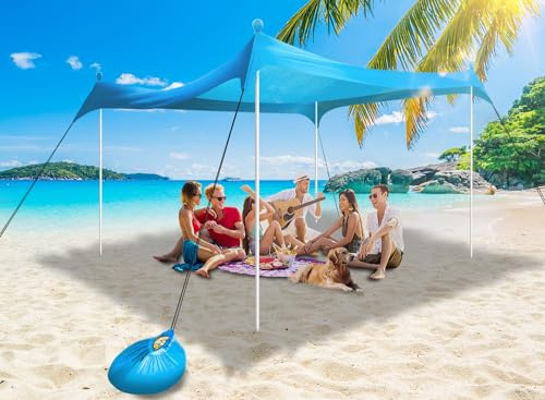 Tenda da spiaggia in lycra 3,0m x 3,0m,Tenda parasole portatile,UV UPF 50+ Ombrellone Portatile Anti Sole con 4 aste con sacco di sabbia, ancora, per spiaggia, picnic, pesca, campeggio