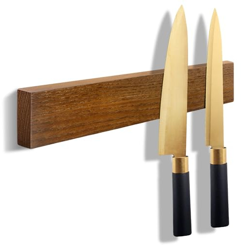 Magnetic Knife Holder Wood, 10 Knife Magnetic Strip No Drill Adhesive Knife Magnet Block, Wooden Magnetic Knife Holder for Wall Mount Fridge Refrigerator Kitchen Knife Bar Utensils Tools Organizer