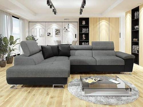 Ashbourne Corner Sofa Bed with Storage – Left Hand Facing L Shaped Fabric Sofa Bed Grey & Black – Pull Out Sleeper Couch Double Bed – Modern Sectional Sofa for Living Room