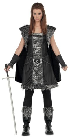 My Other Me - Disfraz Guerrera Mujer, talla XL. Incluye vestido con capa, brazaletes y cubrebotas con detalles de pelo sintético en tonos negros y grises, y diseños plateados.