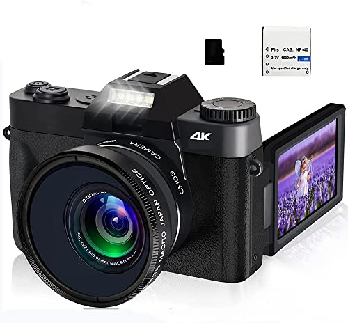 Appareil Photo numérique, Caméra Photo numérique caméscope Vlog for Webcam Grand Angle Zoom numérique 16X 48MP Photographie 3 Pouces écran Rabattable(with 64GB TF Card,with 2 Lens)