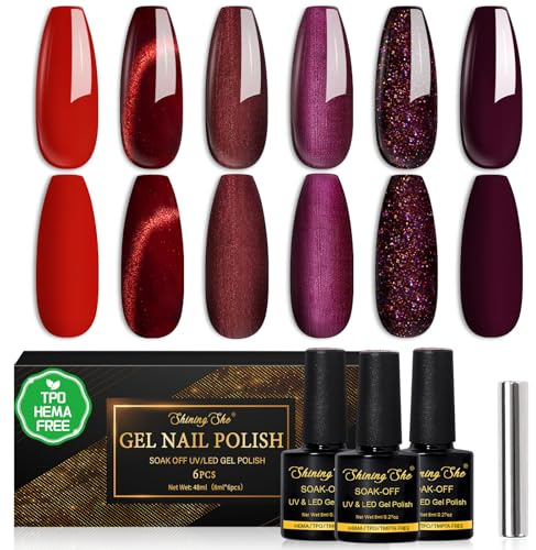 Shining She Gel Nail Polish Red, TPO-Free HEMA-Free gel Polish, 6 colors Glitter Red Burgundy Cat Eye Soak-Off UV Nail Polish Winter Christmas popular for Beginners Manicure Salon DIY at Home, 8ML