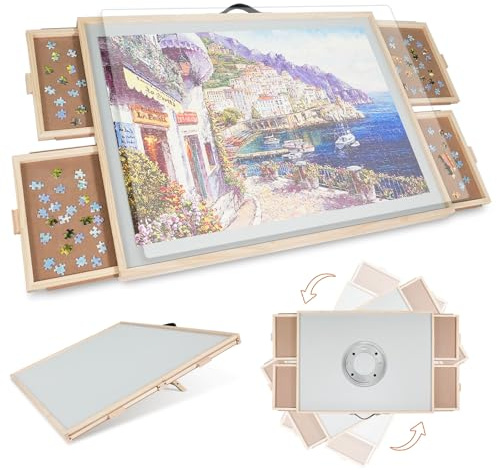 2000 pezzi, 2 in 1, tavolo puzzle inclinabile e girevole, per adulti, in legno, con 4 cassetti, 102 x 72,4 cm, tavolo portatile con Lazy Susan e copertura
