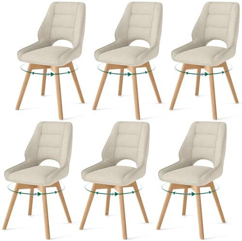 WAFTING Esszimmerstühle Holzbeine 6er Set Drehbar 360°,Stühle Esszimmer mit niedrigen Armlehnen,Stuhl mit Buchebeinen ist geeignet für Esszimmer, Küche, Wohnzimmer und Schminktisch,Khaki